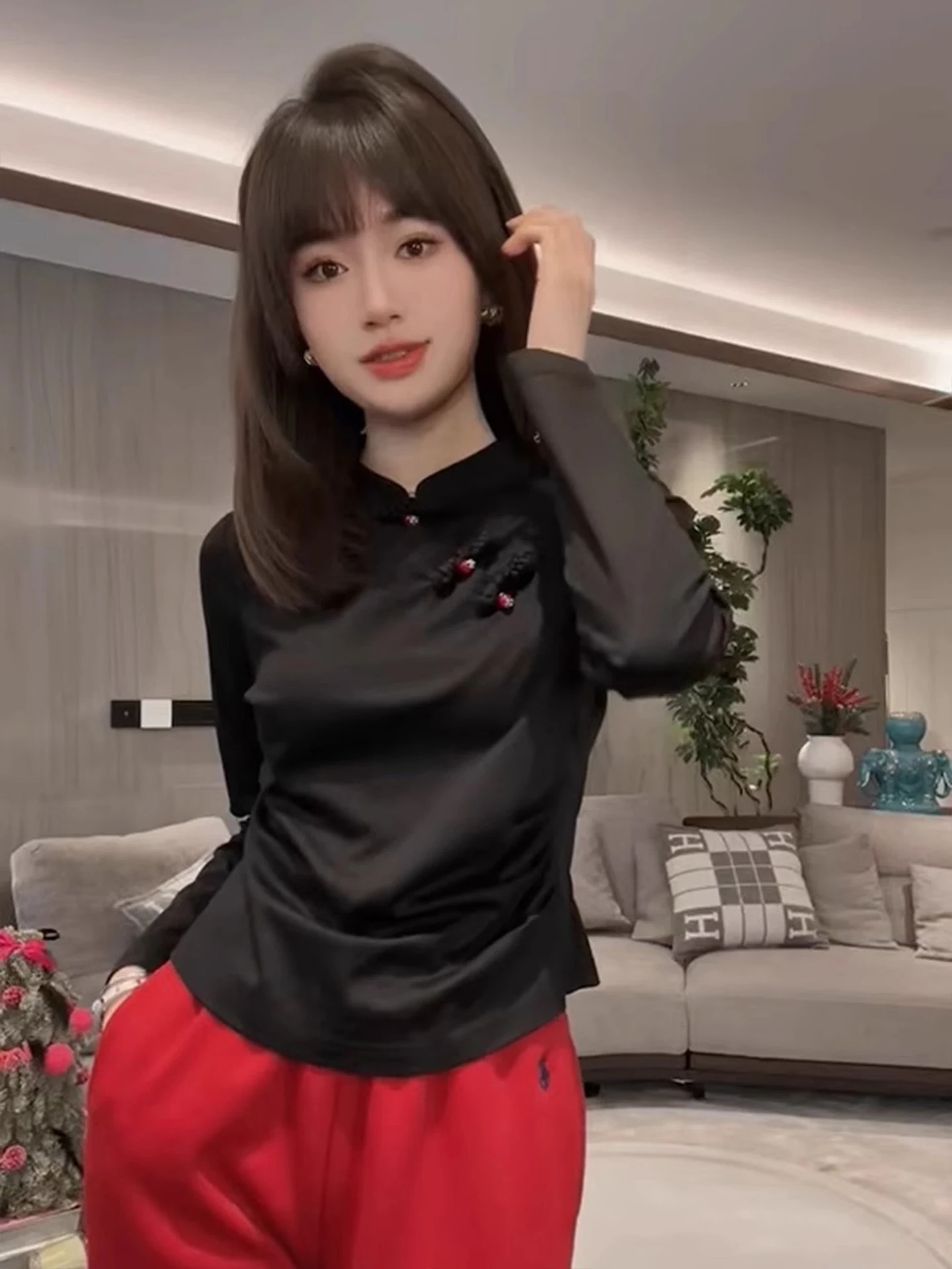 Ele Chinese Sle Damen Long Sve irt Button up Ne Design Straight Cut Pendeln Sle Strickoberteil für den Herbst