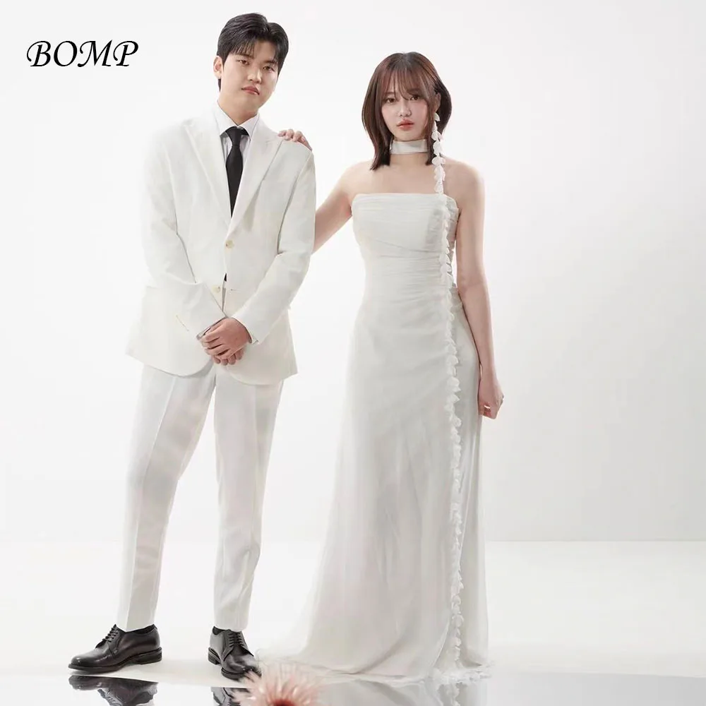 

BOMP Simple White Tulle Wedding Party Dress Strapless Floor Length A-Line Korea Photo Shoot Bridal Gown Customized 웨딩드레스