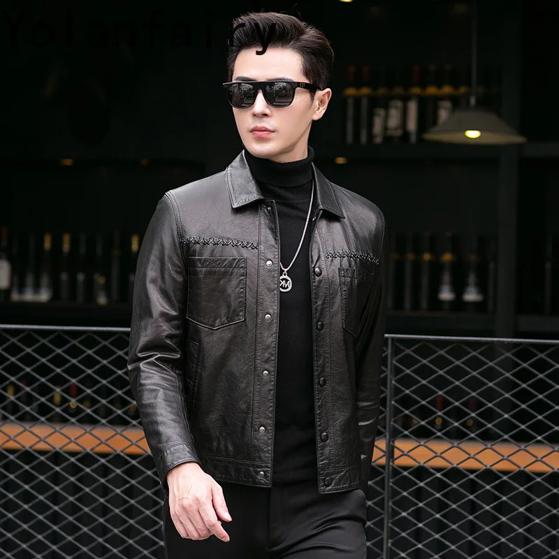 YOLANFARIY Mens Leather Jacket Real Goat Skin Men Clothing Short Style Spring Autumn Coats Business Casual Tops Кожаная Куртка