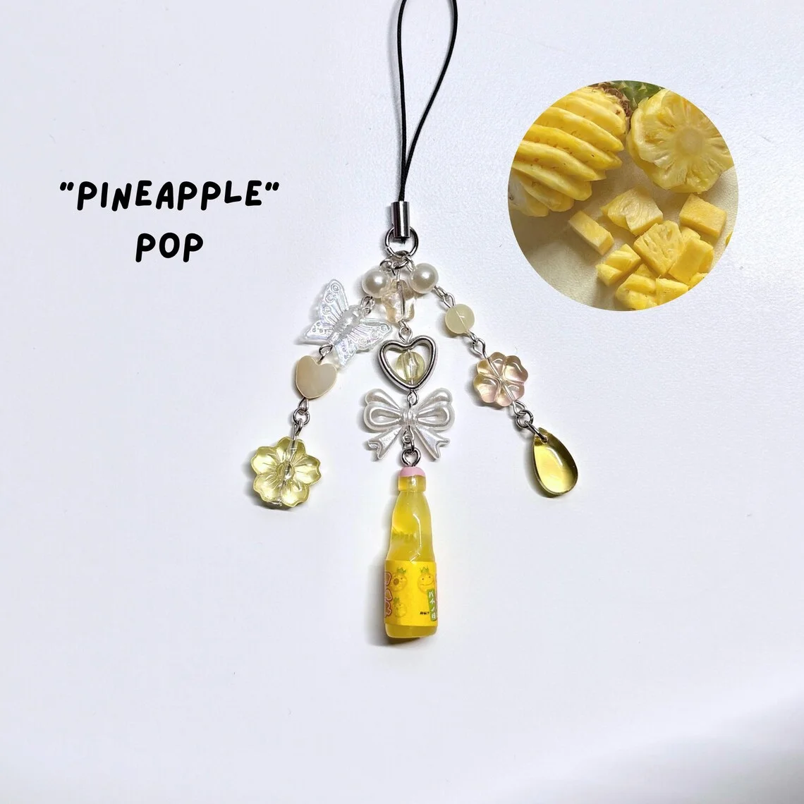Llavero Pop de Soda de piña: llavero con dije de bolso con cuentas de goma de Ramune amarillo |   Colgante de ramune heisei de estética suave