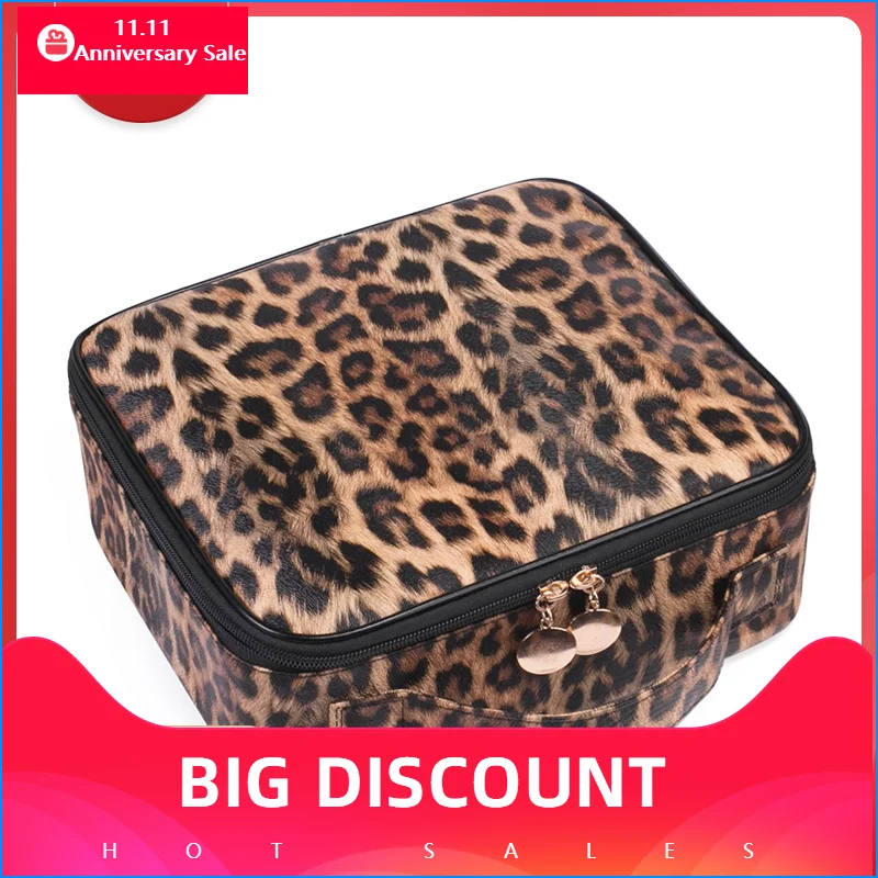 Hot Sale PU Leather Leopard Print Makeup Case Large Capacity Portable Storage Box Cosmetics Bag  Travel Storage Box New Vintage