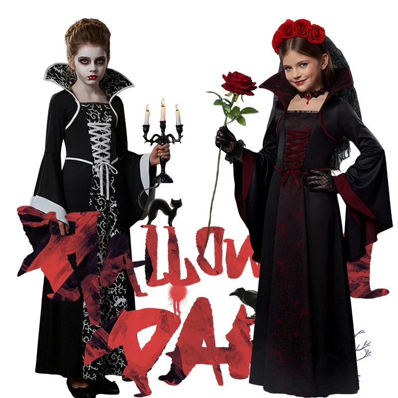 Kids Girls Gothic Vampire Cosplay Long Dress Multi‑Style Stand Collar Gown Halloween Party Performance Costume for Girls