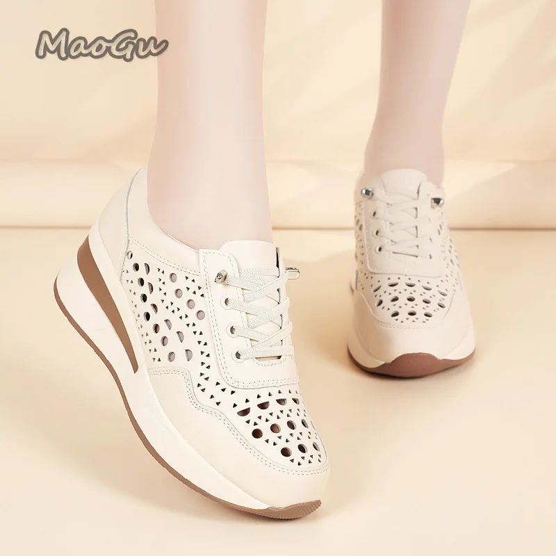 

5.5CM Women's Hollow Out Breathable Wedge Sneakers Lace-Up Platform Shoes Female Casual Lightweight Comfortable Sports Shoes