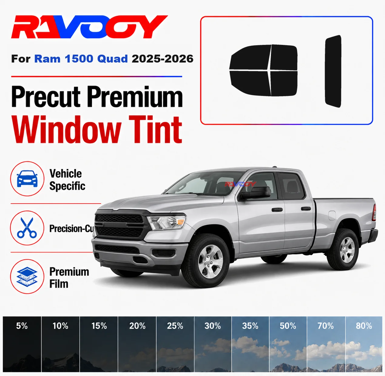 Kit de film teinté prédécoupé premium pour vitres avant et arrière, pare-brise arrière pour Ram 1500 Quad 2025-2026 – Ensemble complet en film nano-céramique