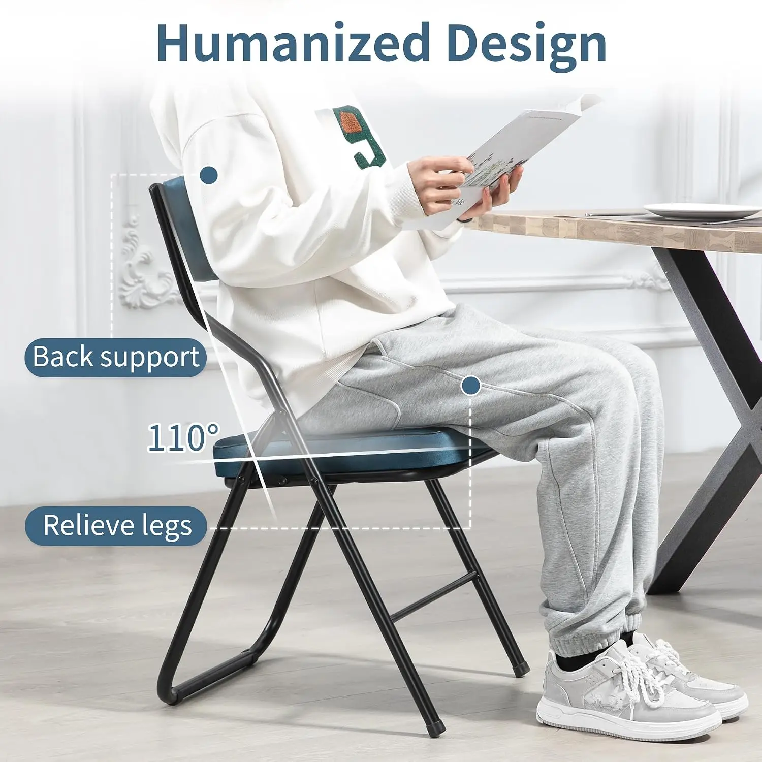 Padded Folding Chairs 4 Pack With Cushioned Velvet Seat Curved Backrest Metal Frame Portable Dining Chair Extra Seating Set For Kitchen Office Wedding Blue image 5