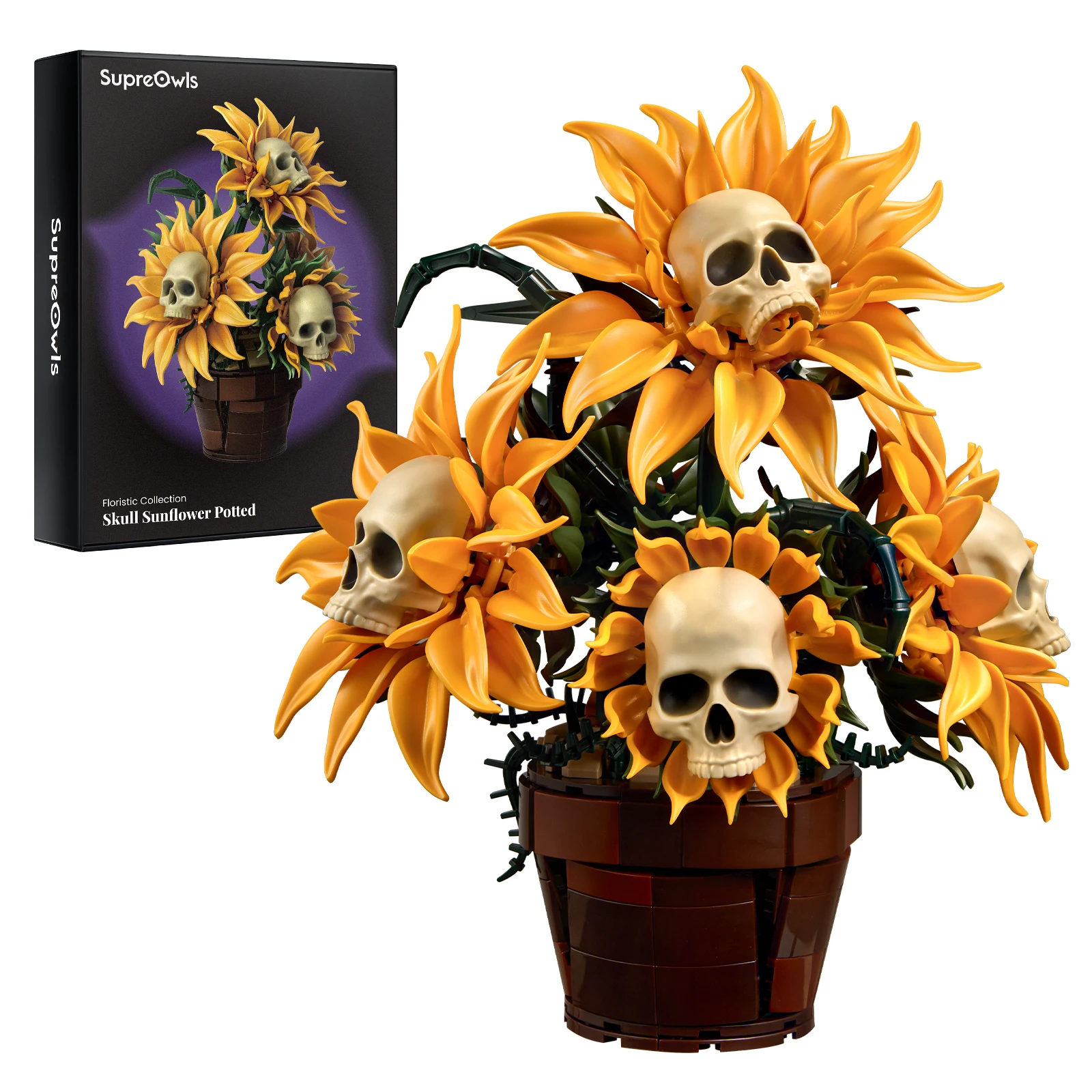 Skull Sunflower Potted Halloween Building Blocks Set Yellow Flower Bricks Skeleton Model Gothic Floral Home Decor Gift for Adult