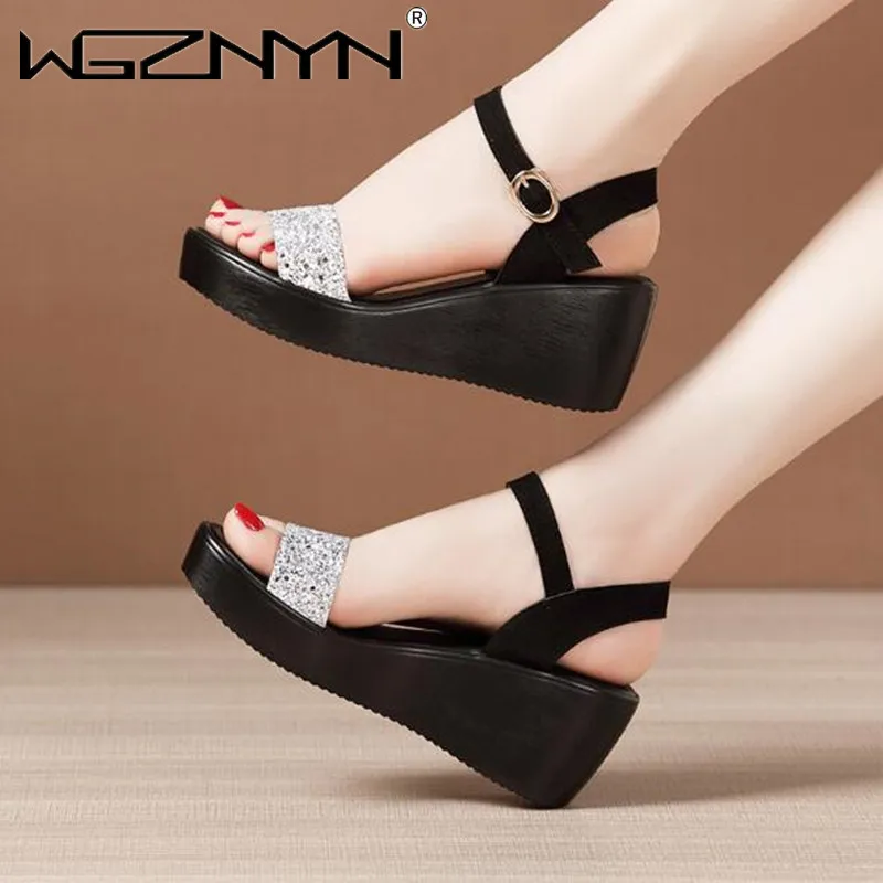 Summer Thick Bottom High Heel Women Shoes Size 35-40 Black Roman Wedges Heel Platform Women\'s Sandals Beach Shoes Open Toe Shoes