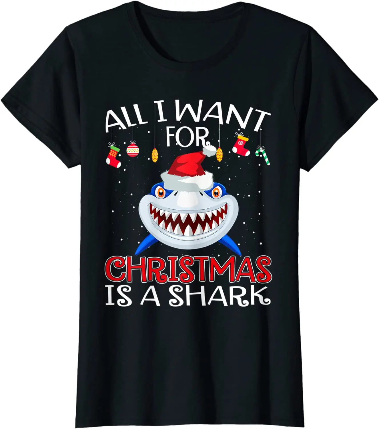 All I Want For Christmas Is A Shark. Funny Shark แฟน Xmas ของขวัญเสื้อยืด100% ฝ้าย O-คอสั้นเสื้อลำลองลำลองบุรุษเสื้อยืด