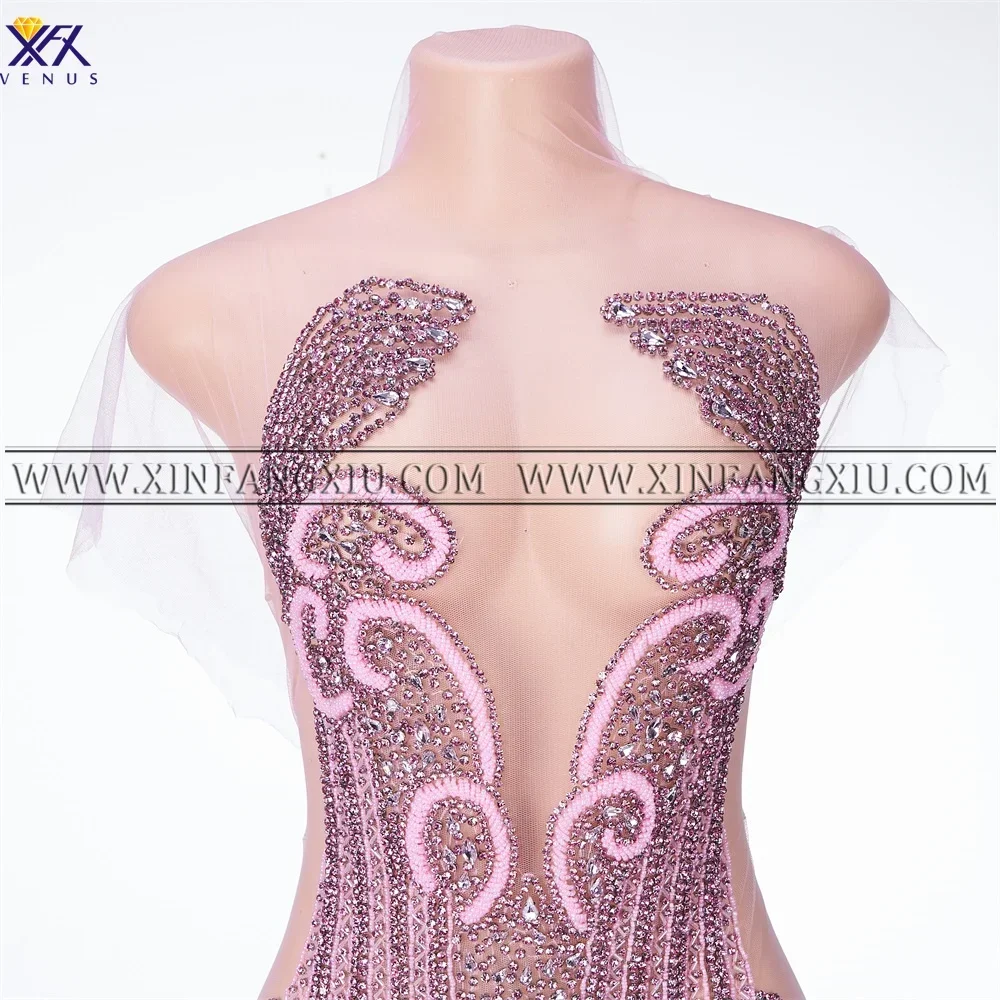 XFX VENUS 1 Piece Pink Applique Beaded Rhinestone Patch Dress Embellishment DIY Dress Trim for Bridal Party Dress Embroidery