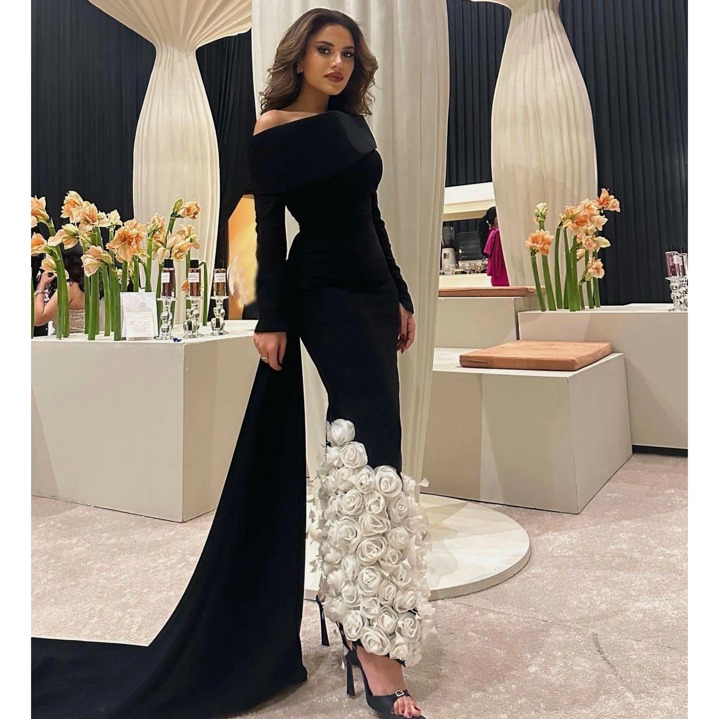 

Customized Mermaid Evening Dresses Off Shoulder Long Vestido de Gala Birthday Bespoke Occasion Formal Prom Dress with Flowers