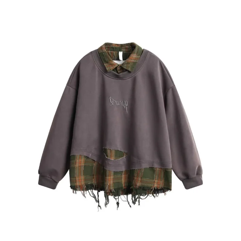 Men Women American Retro Plaid Patchwork Ripped Collar Hoodie Spring Autumn New Style Loose Trendy Versatile Couple Top
