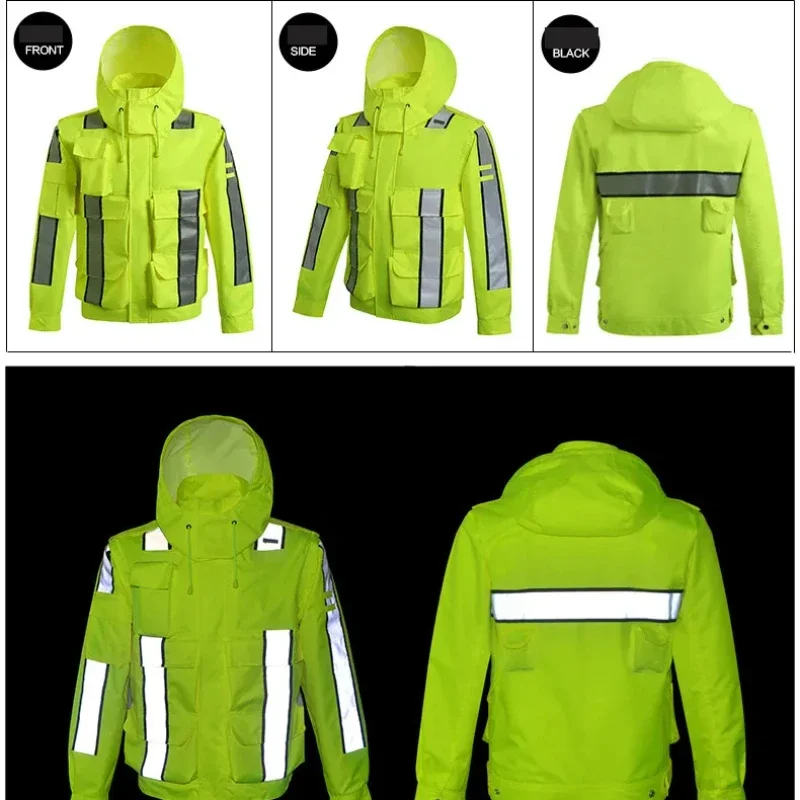 Outdoors Work Hooded Raincoat Jacket Mens Hi Vis Safety Reflective Stripe Waterproof Coat Multi Pockets Windbreaker High-quality