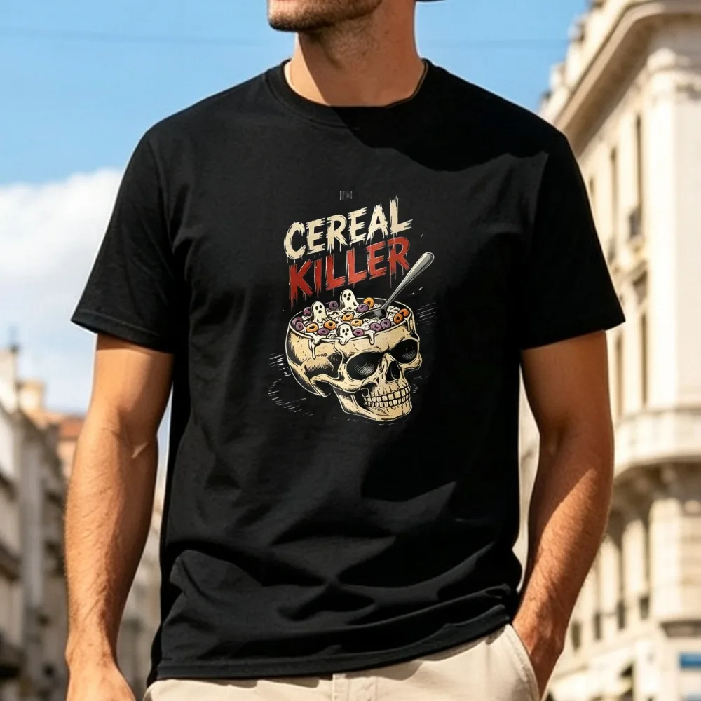 Cereal Killer Skull Tshirt Men Halloween Funny Breakfast Cereal Ghost Graphic Tee Vintage Short Sleeve Tshirt Streetwear Casual