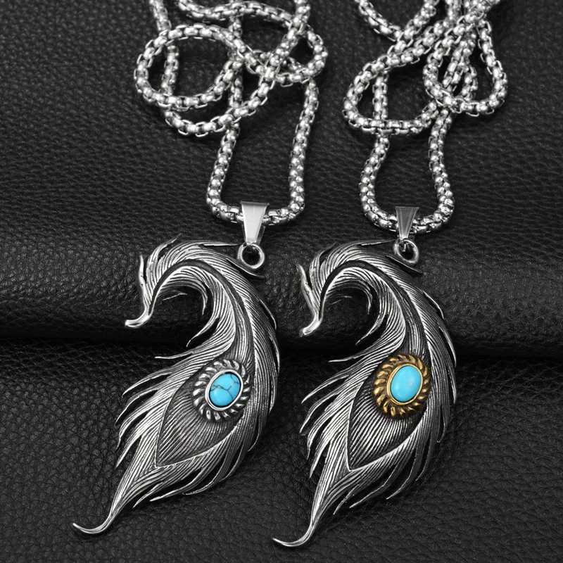 

Vintage Stainless Steel Feather Necklace For Men Women Punk Biker Feather Green Stone Pendant Necklaces Fashion Jewelry Gifts