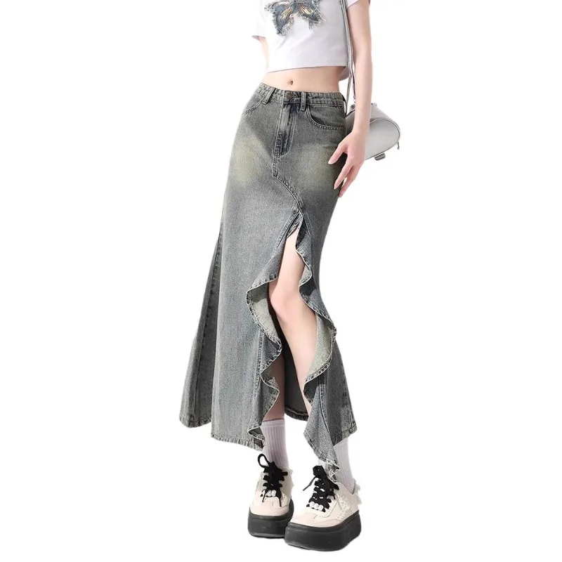 American Retro Irregular Denim Bustier Skirt Women Summer High Waist Fashion Half-body Skirt Slim Split Fishtail A-line Skirt