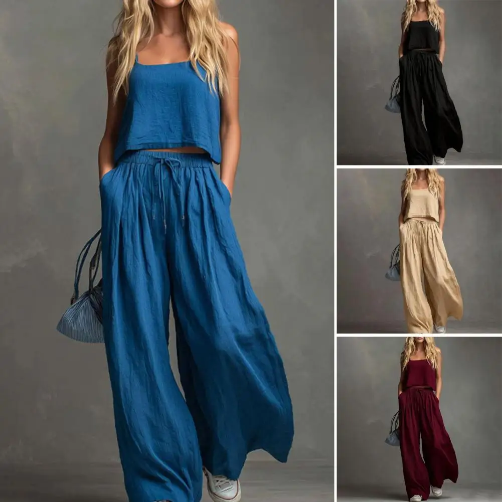 

Summer Sleeveless 2 Piece Outfit For Women Casual Crop Cami Top And Wide Leg Pantswith Pockets Lounge Set