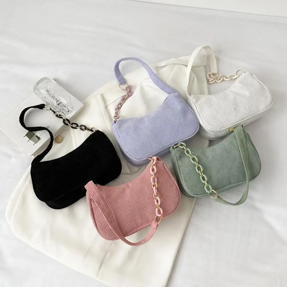 

Vintage Solid Corduroy Zipper Closure Underarm Mini Bag Single Piece Accessory Women Plush Comfy Autumn Winter Casual Clutch Purse