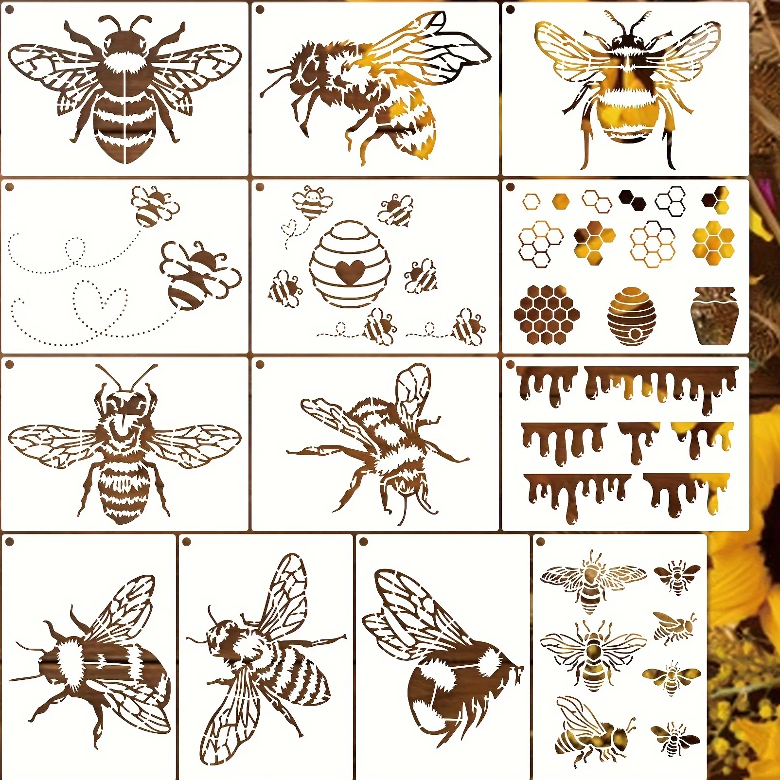 13Pcs Bee Honey Bee Honeycomb Stencils for Crafts Rock Paint Template Plastic Reusable Stencils for Painting on Wall Tile Shirt