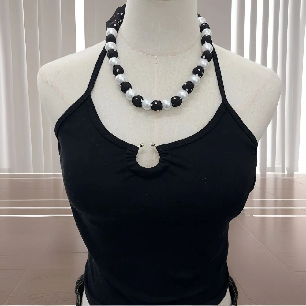 Boho Vintage Style Pearl Necklace Scarf Ribbon Hair Band Waist Chain Adjustable Sweet Polka Dots Scarf Summer Season