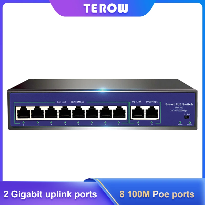 

TEROW 10Port POE Ethernet Switch 52V VLAN 10/100Mbps IEEE 802.3 Af/at Standard Network Switch for CCTV Camera Wireless AP 250m