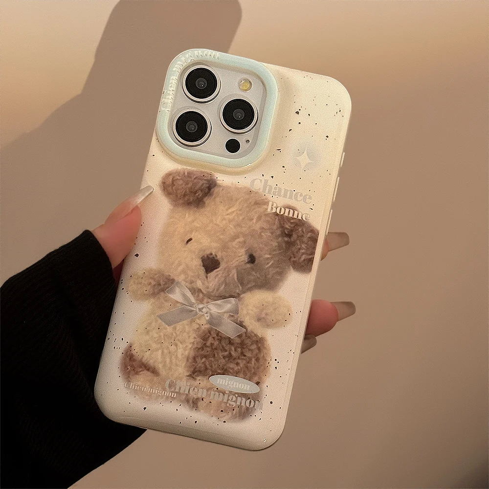 Korean Ins Cute Cartoon Little Bear Boll Phone Case for iPhone 15 14 13 Pro Max 12 Pro 11 Back Cover image 2