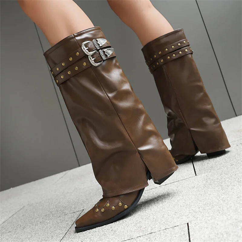 

Brown Pointed Toe Women Long Boots Fashion Rivet Buckle Strap Women Shoes Thick Heel Zapatos Mujer Knee High Botas Femininas