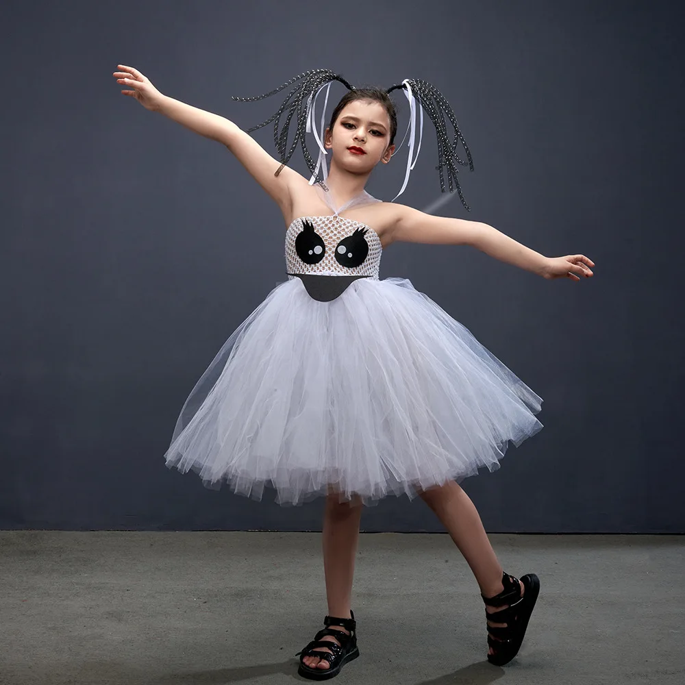 Halloween Fluffy White Mesh Tutu Dress Sheer Theeper Tulle Flared Outfit for Holiday Gathering Stage Show Delicate Party Attire