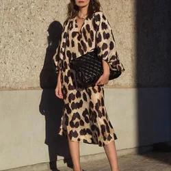 New Autumn Women's Leopard Print Mid-length Dress V-neck Loose Three-quarter Sleeves Lantern Sleeve Print Leopard Print Dress