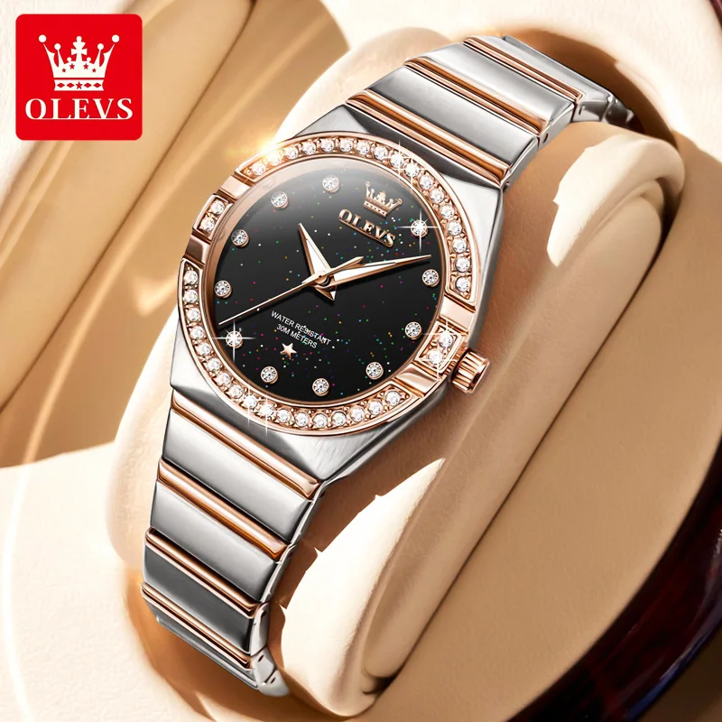 

OLEVS 9975 Luxury Constellation Quartz Watch For Women Diamond Dial Stainless Steel Ladies Hand Clock Waterproof Luminous Watch