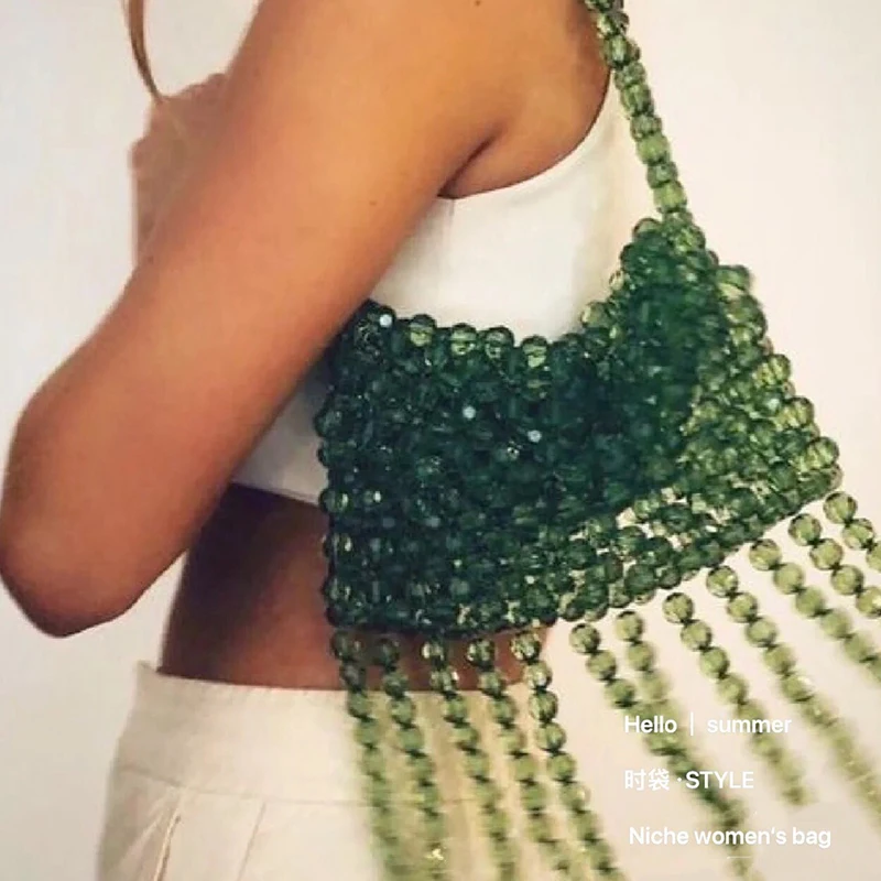 New Fashion High Quality Tassel Design Women\'s Shoulder Bags Dark Green Transparent Acrylic Beaded Knitted Handheld Phone Bag