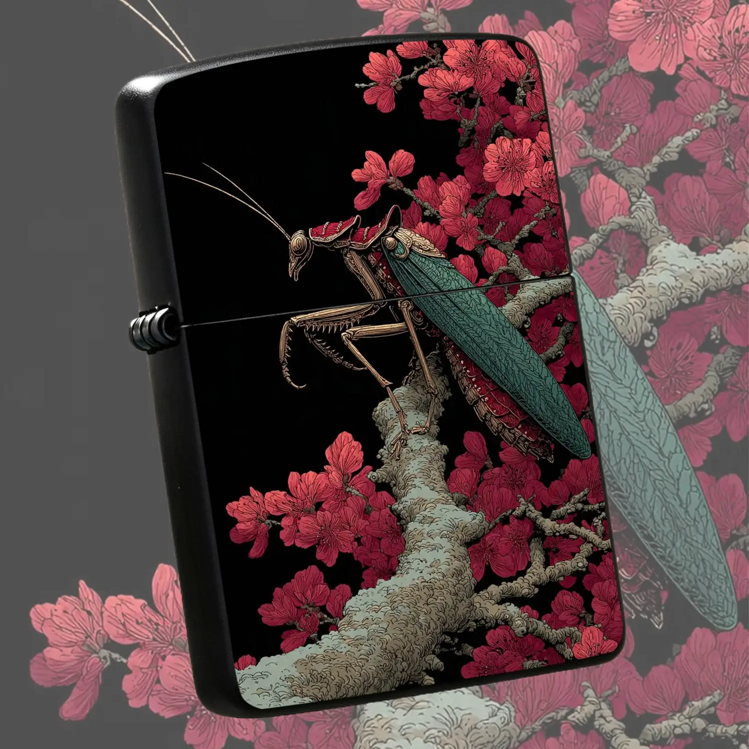 Artistic Ukiyo-E Mantis Pattern Lighter, Exquisite Red Floral Branch Design, Portable Decorative Accessory For Daily Use, Gifting, Collecting, Unique Aesthetic Ornament For All Scenes, Stylish Creative Hand-Drawn Art Pi A Humorous And Inter