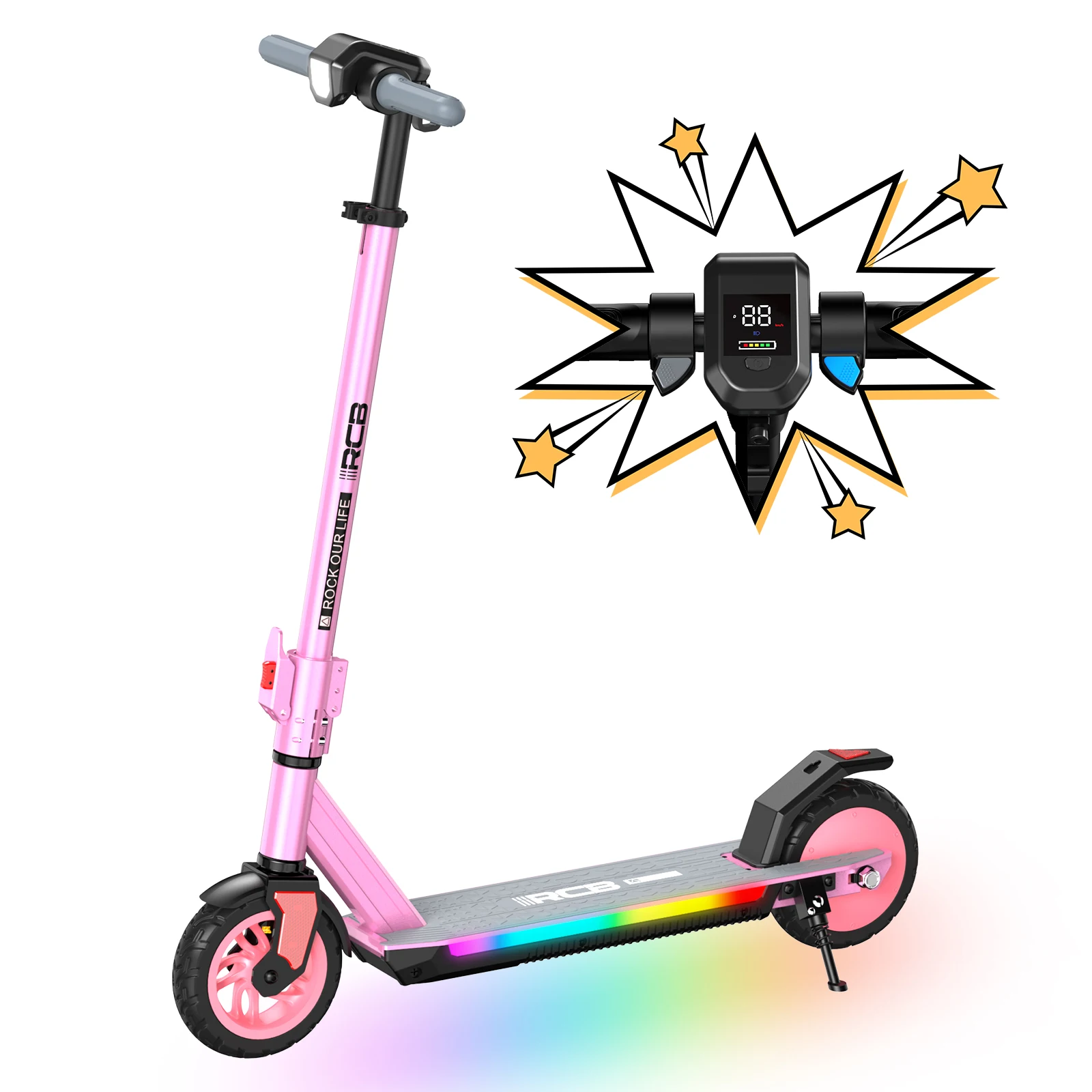 RCB KIDS Elektrische Step Kinderen 6-12 Jaar R12 PRO 150W Motor tot 18km h Opvouwbaar 3 Hoogtes Verstelbaar 15km Bereik 7 Inch Massieve Banden LED Kleurendisplay Sfeerlicht Max 60kg