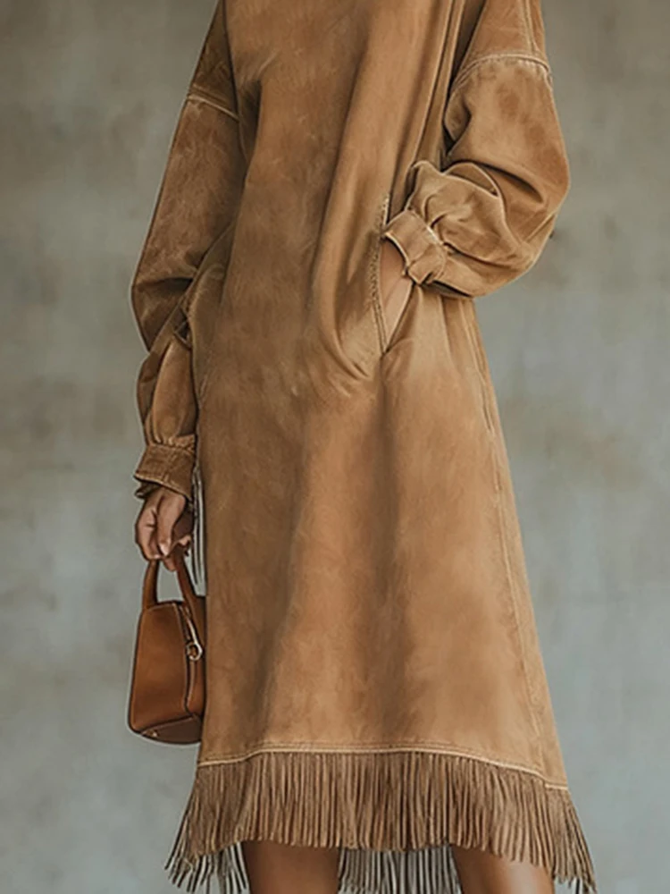 Vestido feminino cintura alta bolso borla bainha vintage imita camurça cor sólida vestido de viagem elegante gola alta solto vestido linha a