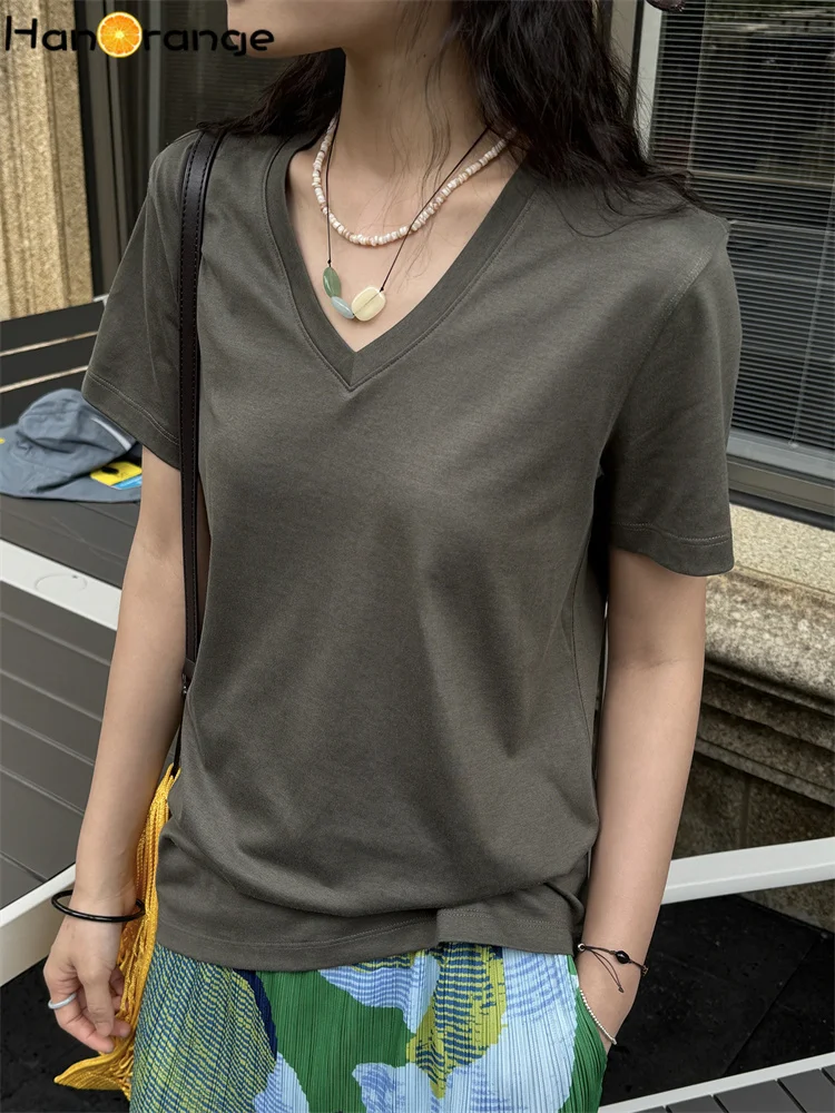 

HanOrange 2025 Summer Simple V-neck Short Sleeve T-shirt Women Cotton Soft Quick Drying Top Tees Green/Haze Blue/Sand Color