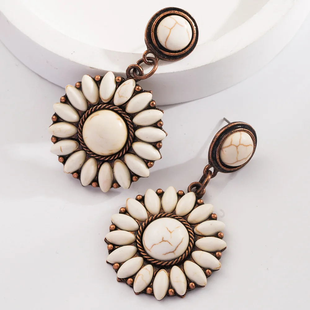 

Valentine's Day Heart Jewelry for Women Western Dangle Turquoise Squash Blossom Drop Earrings Western Navajo Stone Heart Earring