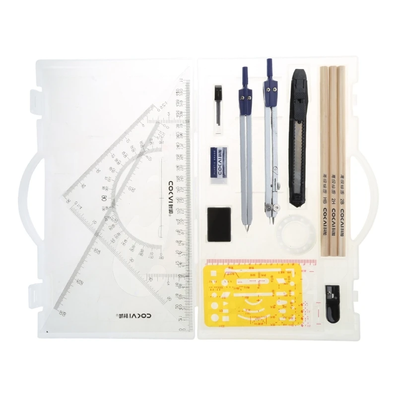 Geometry Set with Protractor Compasses Easer Refill,Drawing Stencils Pencil Dropship