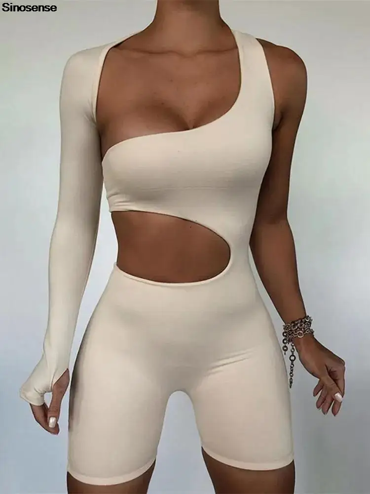 

Women Asymmetrical Sports Rompers Solid Black Basic Long Sleeve Cut Out One Shoulder Elastic High Waist Bodycon Short Jumpsuits