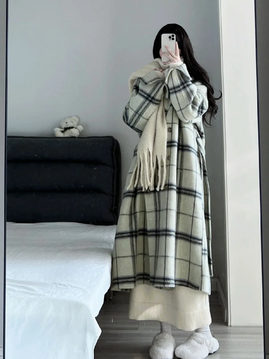Fashion Retro Style Suit Collar Long Sleeve Plaid Woolen Women's Coat 2023 Autumn Winter Double Breasted Stitching Woolen Coat