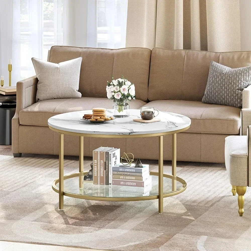 2-Tier Round Coffee Table Marble Center Cocktail Table With Glass Open Storage Shelf, White & Gold