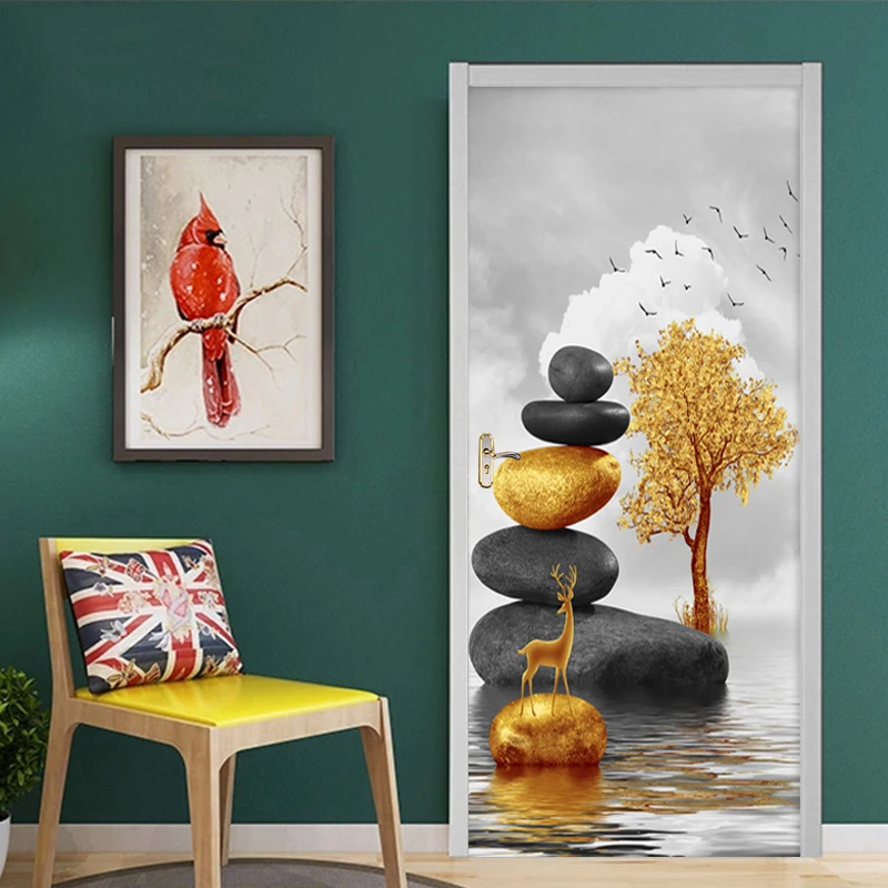 PVC Self Adhesive 3D Door Sticker Mural Artistic Stone Golden Tree Elk Wall Sticker Living Room Deca Home Decor Wallpaper Poster