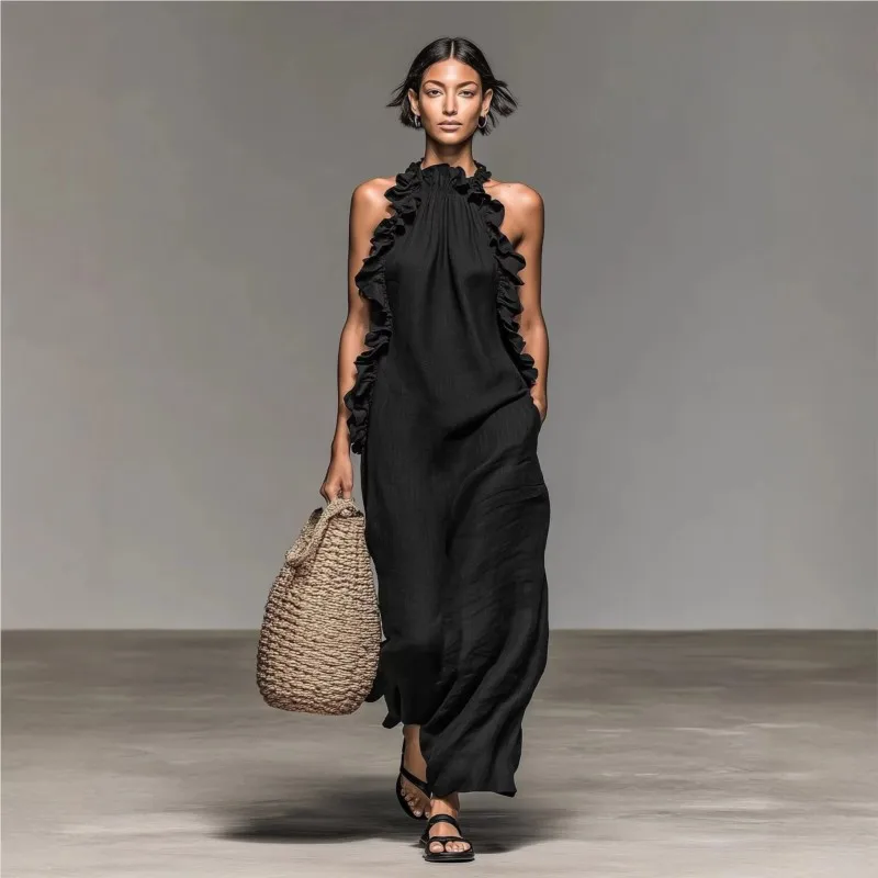 Customization Women's Sexy Halter Ruffle Maxi Dress Solid Pockets Loose Long Dress Summer Elegant Sleeveless Bohemian Vacation B - view 3