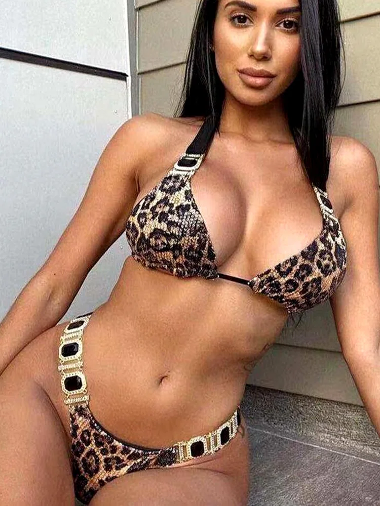 Ribbed Leopard Bikinis Diamond Bikini 2024 Women Swimwear Female Swimsuit Two-pieces Bikini Set Halter Bathing Suit Swim Lady