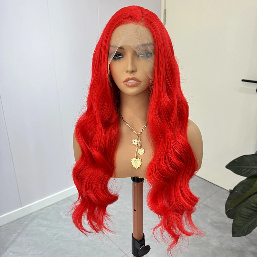 حار شعر مستعار أحمر طويل موجة عميقة الشعر الاصطناعية 13x4 الدانتيل الجبهة الباروكات للنساء الأحمر الجسم موجة شعر مستعار مقاومة للحرارة تأثيري جاهزة لارتداء #4