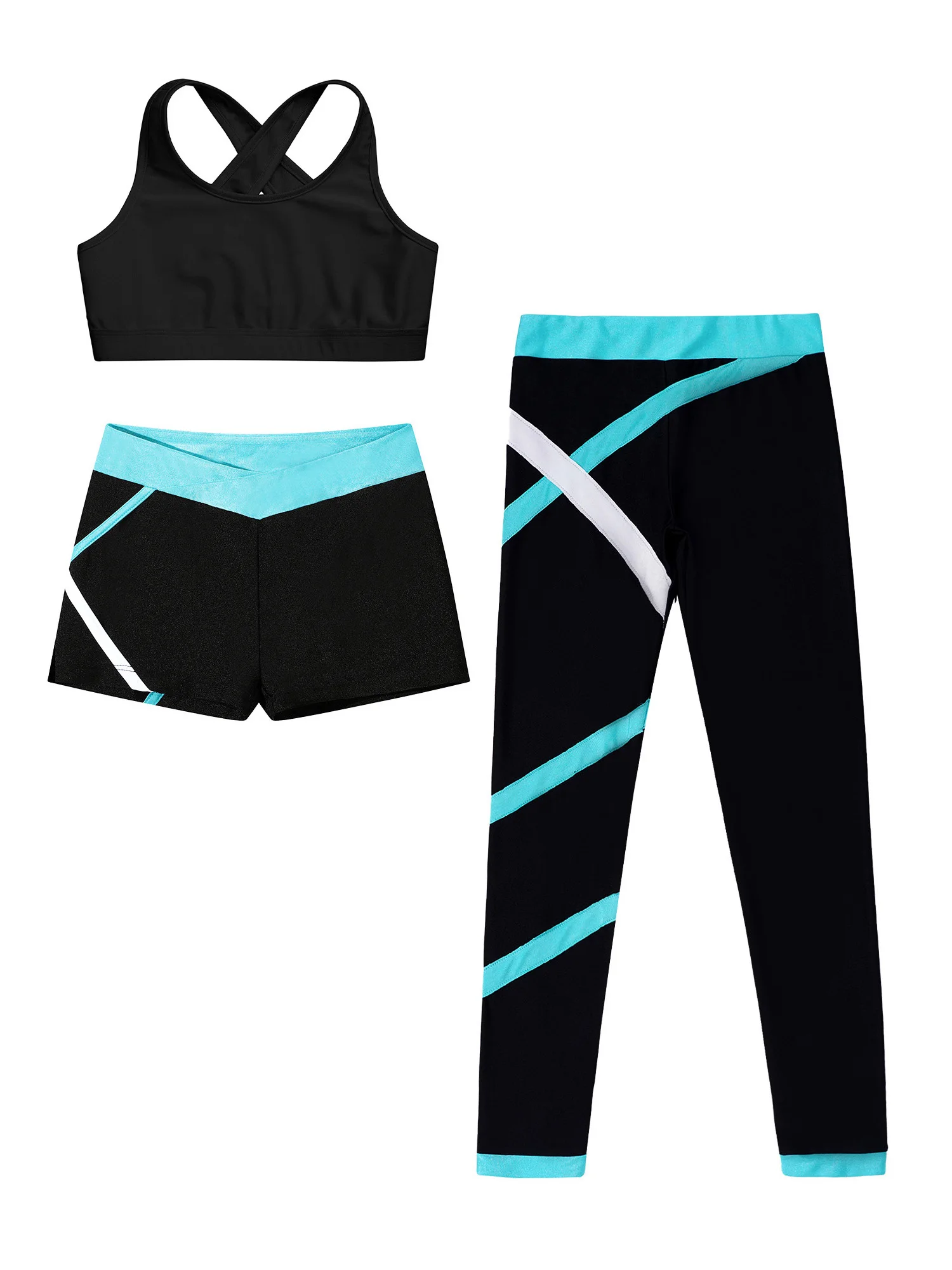 

Kids Girls Gymnastics Training Practice Fitness Suit 3Pcs Figure Skating Bra Tops+Pants Set Tank Top Shorts Leggings Trousers