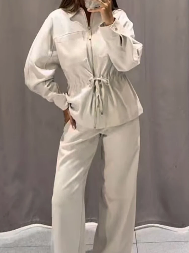 HH Elegant Women's 2-Piece Set Lapel Long Sleeves Zipper Pocket Belt Coat+Chic High Waist Elastic Waist Drawstring Wide Leg Pant