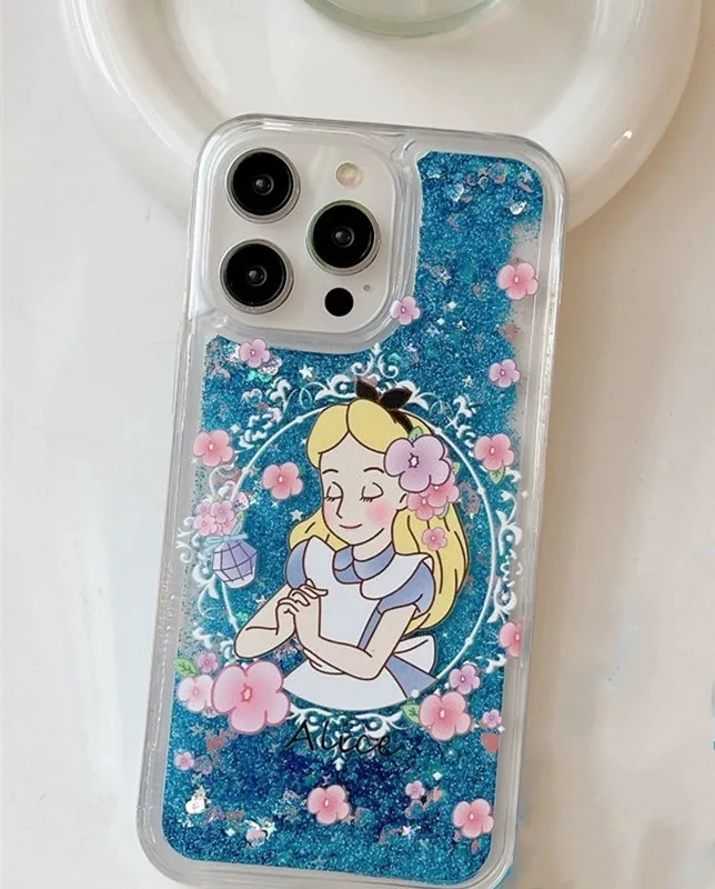 Luxury 3D Bling Glitter Cinderella Princesses Quicksand case for iPhone 14 13 12 11 15 Pro Max cute Cartoon Alice cover