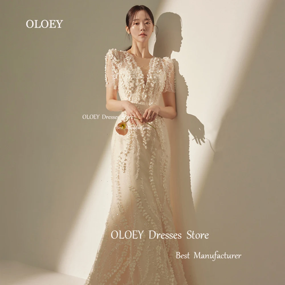 OLOEY 2024 Exqusite Korea Mermaid Wedding Dresses Ivory Soft Tulle Appliques Lace Short Sleeves Photo Shoot Bridal Gowns Custom