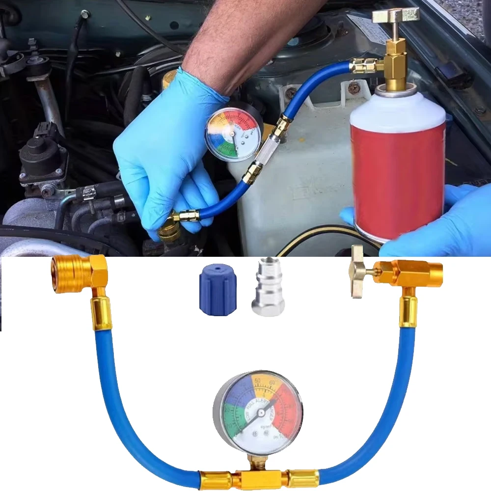 

R134A Air Conditioner Refrigerant Recharge Hose with Pressure Gauge, 1/2’’ Self-Sealing Valve Can, Low Side Quick Coupler Tools