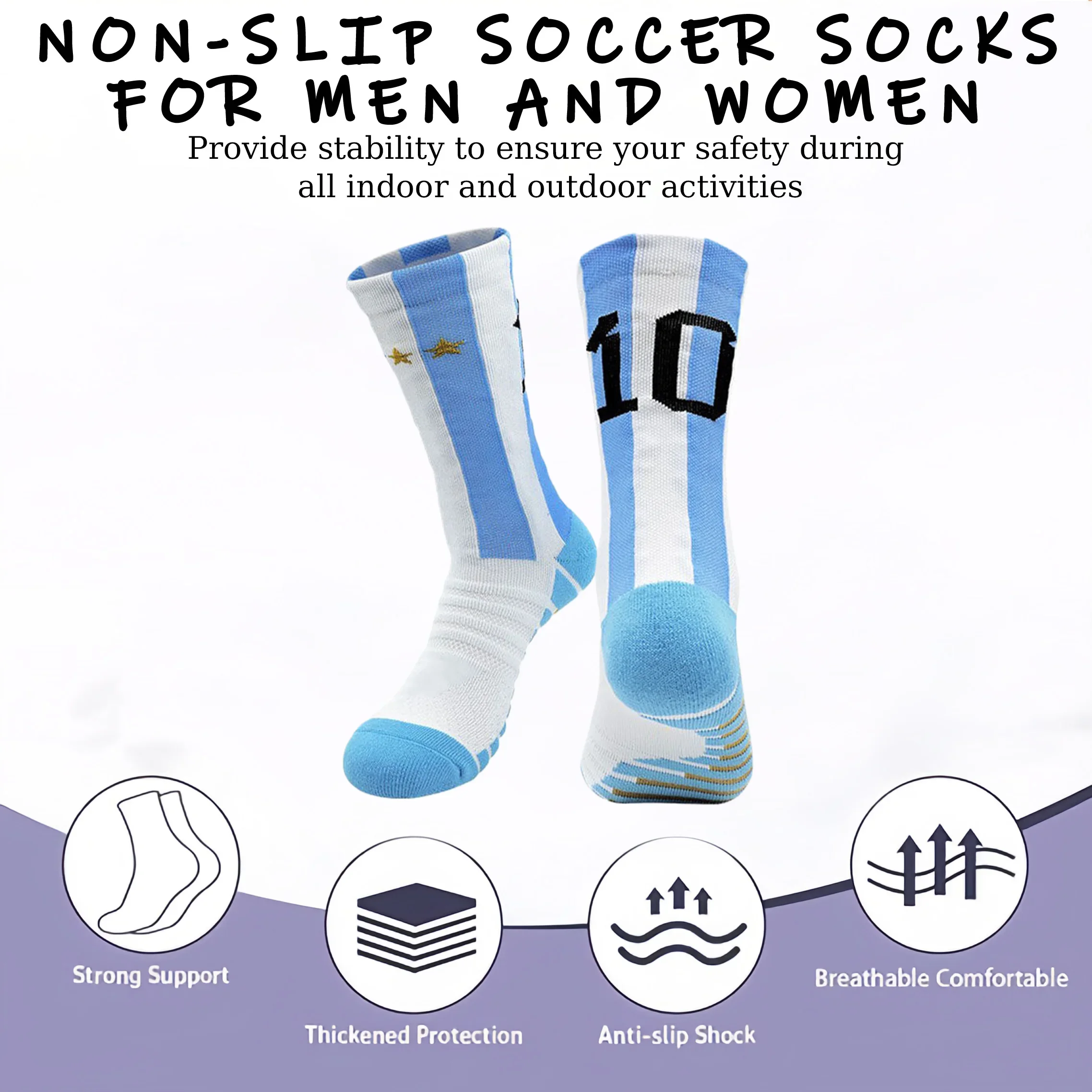 زوجان من جوارب كرة القدم القصيرة الاحترافية بحجم النجوم للرجال، جوارب رياضية مضادة للانزلاق بنعل متوسط، مريحة وممتصة للعرق
