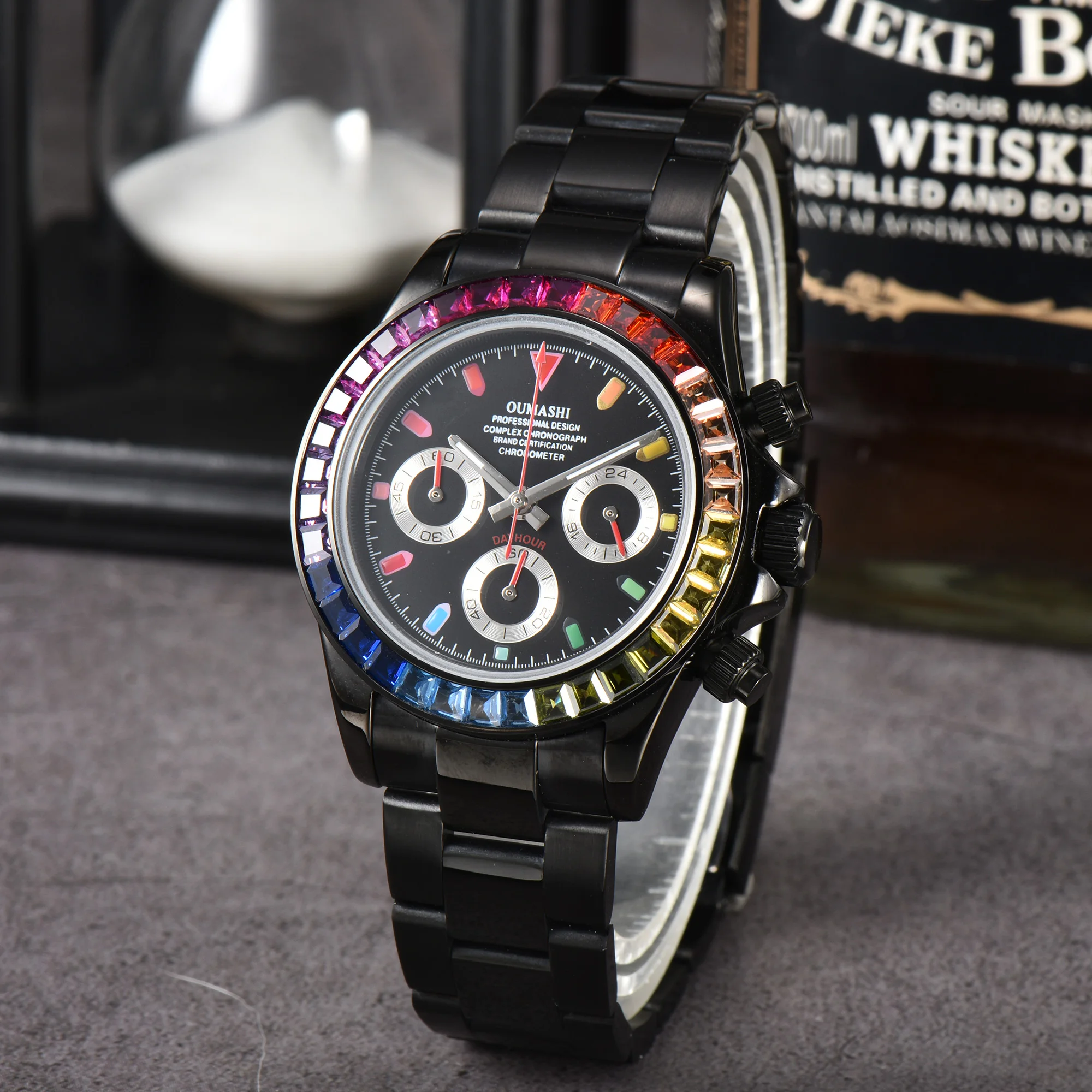 นาฬิกาผู้ชายสแตนเลสนาฬิกาโครโนกราฟลำลองสำหรับผู้ชายกระจกแซฟไฟร์สีหินฝาหน้าควอตซ์นาฬิกา VK63